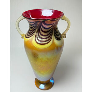 Rick Strini 1997 Gold Luster Red Pulled Feather Double Handled Vase Iridescent